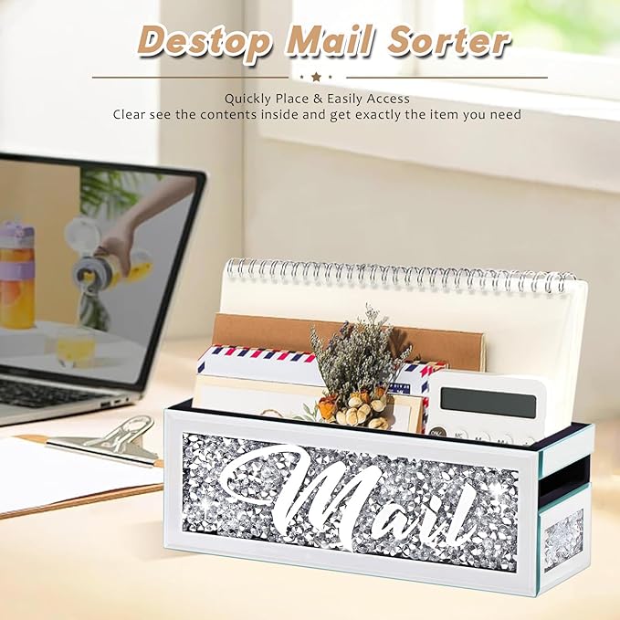 Crushed Diamond Mail Organizer, Crystal Mail Organizer Countertop, Mirror Letter Holder, Mail Tray, Mail Holder Box for Desk,