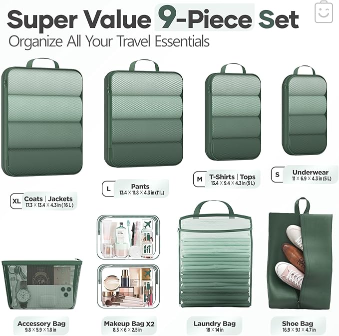 Veken 9/11 Set Compression Packing Cubes for Travel Essentials,Compressible Expandable Large Luggage Suitcase Organizer Bags 