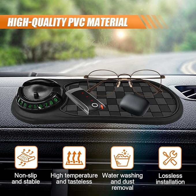 Multifunction Car Anti-Slip Mat, Universal Rotatable Auto Dashboard Phone Holder Accessory with Temporary Parking Number, Car
