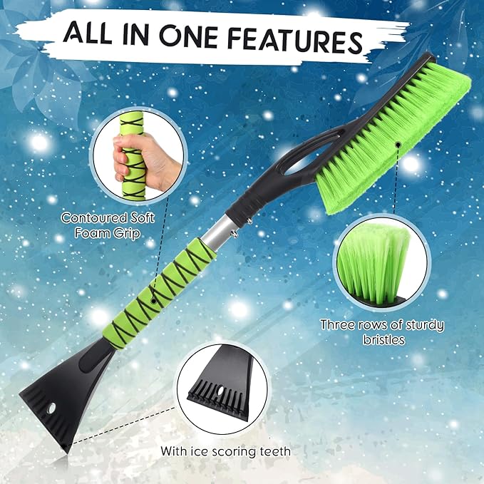 2 Pack 27" Snow Brush and Detachable Ice Scraper for Car Windshield and Window, Car Snow Scraper and Brush with Foam Grip for Cars, Trucks, SUVs, Winter Accessories(Green)