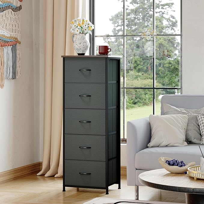 Somdot Tall Dresser for Bedroom with 5 Drawers, Storage Organizer Chest of Drawers with Removable Fabric Bins for Closet Beds