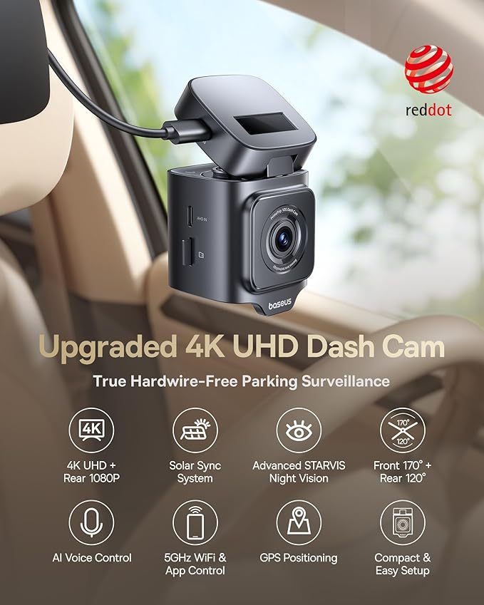 Baseus VD1 Pro Solar Dash Cam Front and Rear, 4K+1080P Dash Camera for Cars, Battery Powered Parking Mode, Starvis Night Visi