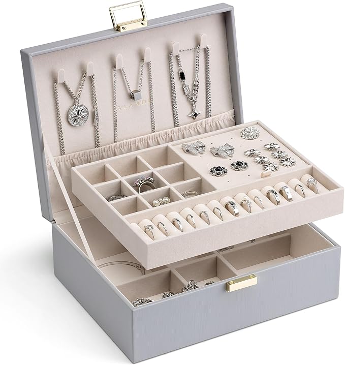 Vlando 2 Layer Jewelry Box Large Jewelry Organizer for Women Removable Jewelery Tray for Necklace Earrings Rings Bracelets Je