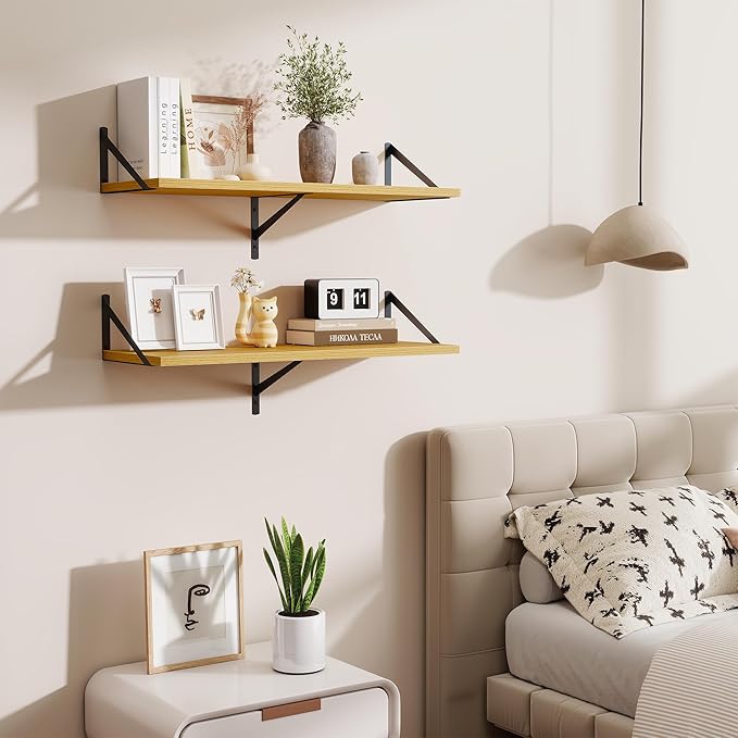Floating Shelf for Wall,32" WX10 D Wood Floating Shelves with Sturdy Metal Bracket Set of 2,Wall Mounted Hanging Shelf for Ba
