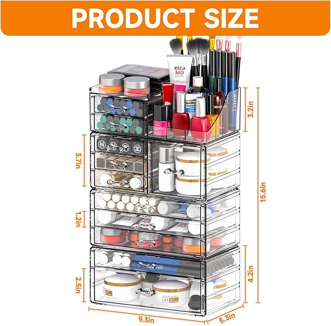 Acrylic Clear Makeup Organizer Countertop,Stackable Skincare Organizer for Vanity With 11 Drawer,Large Plastic Desk Accessori