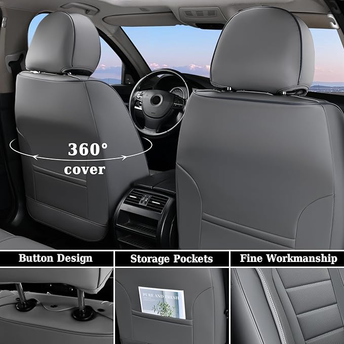 Coverado Seat Covers Full Set, Seat Covers for Cars, Gray Car Seat Cover, Waterproof Car Seat Protector, Nappa Car Seat Cushi