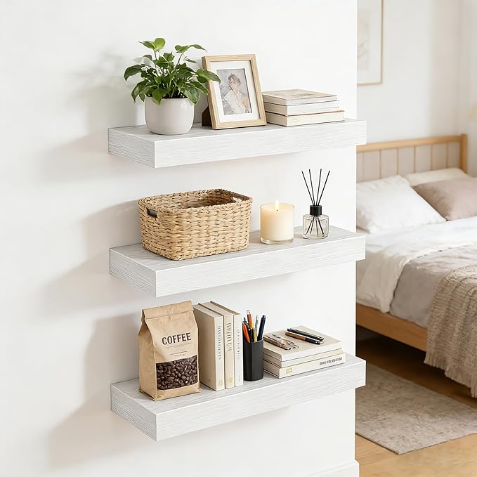 Set of 3 Farmhouse Solid Wood Floating Shelves 15.7 inch White Wall Mounted Storage Shelves for Bathroom Over Toilet, Bedroom