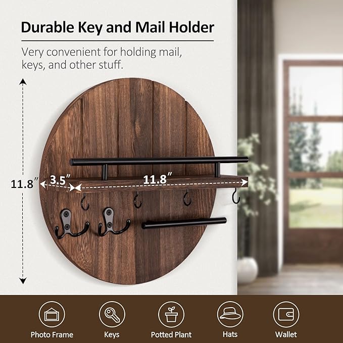 Nekon Key Holder Wall Mount, 11.8 Inch Rack With Shelf and 6 Hooks, Rustic Mail Organizer, Circular Wooden Hanger for Entrywa