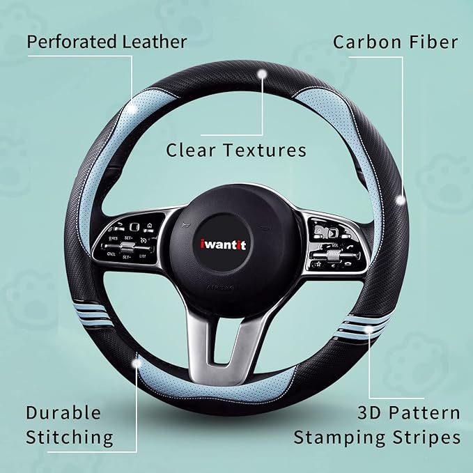 Iwantit® Cute Steering Wheel Cover for Women, Carbon Fiber&Breathable Pu Leather with Anti-Slip Rubber Ring, Steering Wheel P