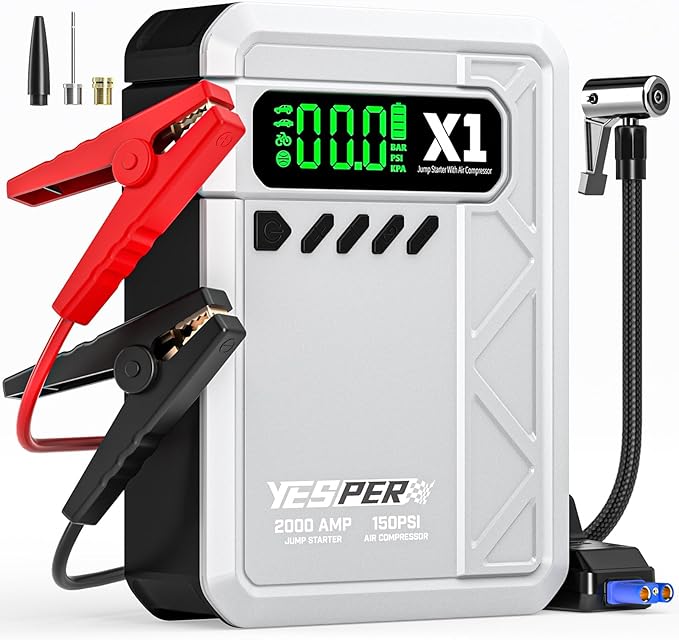 YESPER Jump Starter with Air Compressor 2000A 150PSI Battery Jumper Starter Portable(8L Gas/6L Diesel) 12V Car Jump Pack