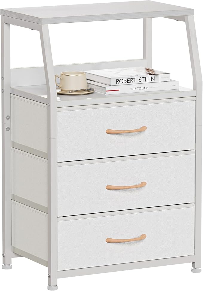 Furnulem White Nightstand with 3 Drawers and 2-Tier Shelf, Small Night Stand End Table Side Furniture, Fabric Storage Organiz