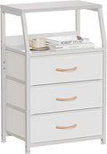 Furnulem White Nightstand with 3 Drawers and 2-Tier Shelf, Small Night Stand End Table Side Furniture, Fabric Storage Organiz