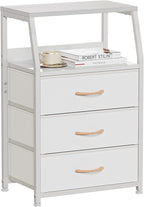 Furnulem White Nightstand with 3 Drawers and 2-Tier Shelf, Small Night Stand End Table Side Furniture, Fabric Storage Organiz