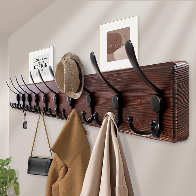 Kuhome 38.6'' Large Coat Rack Wall Mount Coat Hooks Coat Hanger with 10 Metal Black Triple- Hooks Brown Pine Real Wood Plank 