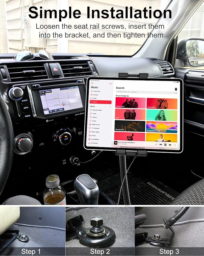 GDZN Tablet Holder for Car Seat Rail with 19.7" Gooseneck Metal Arm, Heavy Duty Anti-Shake Truck Floor Seat Bolt Tablet Mount for iPad Pro 12.9 Air Mini, Galaxy Tab, iPhone, Fire HD, 4-13" Devices