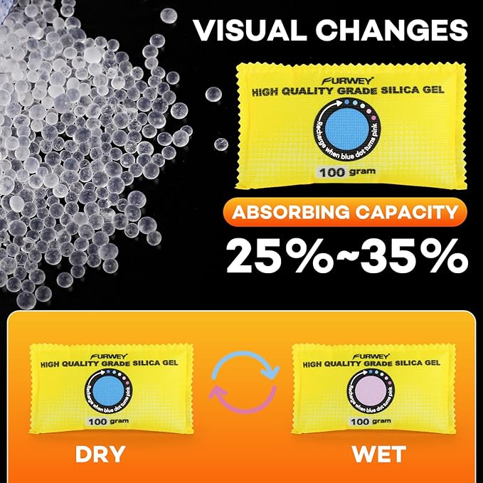 100g (12 Packs) Rechargeable Desiccant Packs for Storage, Color Indicating Silica Gel Desiccant Packets, Moisture absorbers