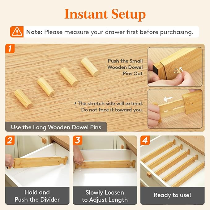 Lifewit 2.4" High 8 Pack Bamboo Drawer Dividers 45-55cm/17.5-22" Adjustable Wooden Drawer Organizer for Clothes/Utensils, Exp