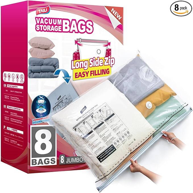 TAILI 8 Pack Vacuum Storage Bags, Jumbo Size 39x28 inch, LONG SIDE ZIP Vacuum Seal Bags for Beddings, Extra Large Storage Spa