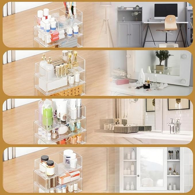 Medicine Cabinet Organizer with Removable Dividers, 3-Tier Stackable Drawer Storage for Bathroom, RV, Vanity, Countertop & De