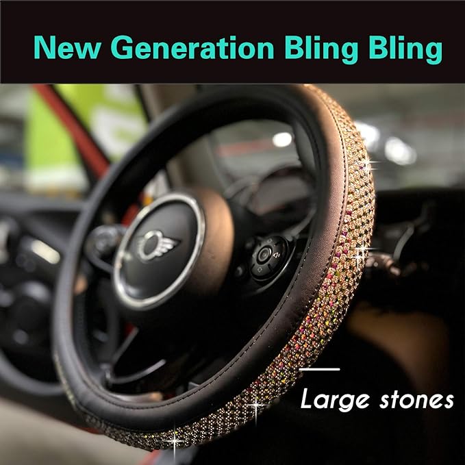 PINCTROT Bling Bling Comfy Steering Wheel Cover with Jumbo Crystal Rhinestones, Anti-Slip Diamond Leather, Universal 15 Inch (Colorful)