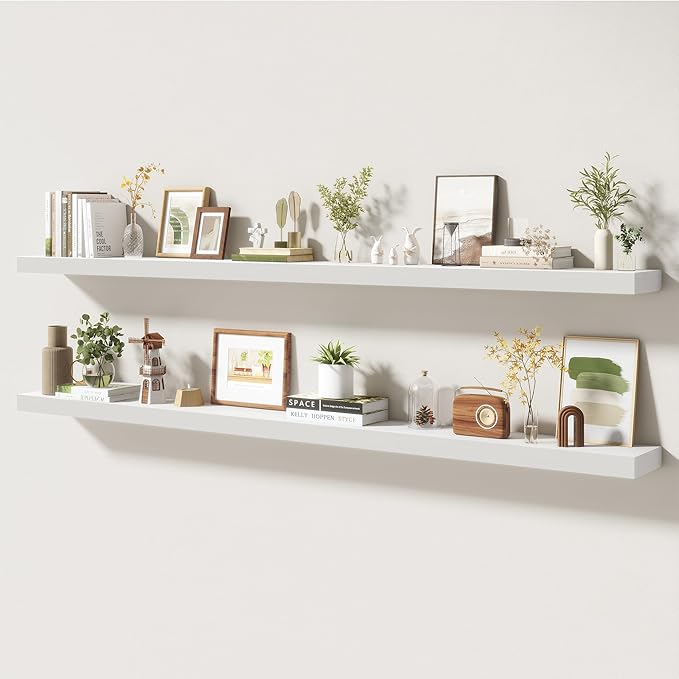 72 Inch Floating Shelves | 6.5 Inch Deep White Floating Shelves Set of 2 | 72" W x 6.5" D Rustic White Wood Wall Shelves with