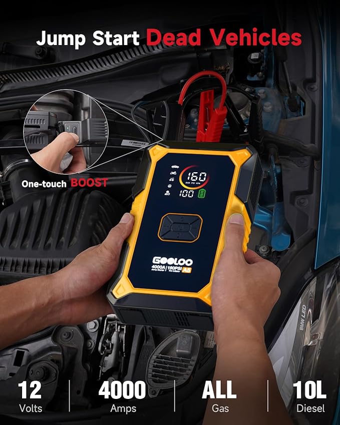 GOOLOO A5 Car Jump Starter with Air Compressor, 4000A Portable Car Jump Starter (All Gas/10.0L Diesel) with 160PSI Auto-Off