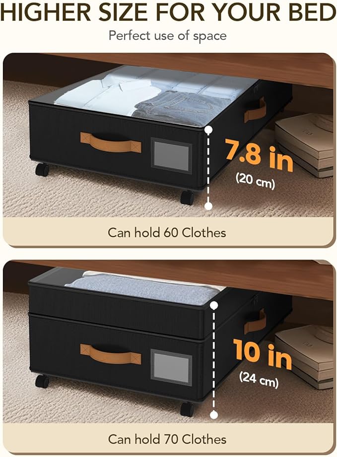 4 Pack Under Bed Storage with Wheels, Adjustable Height Storage Containers, 10 inches Large Capacity Rolling Underbed with Li