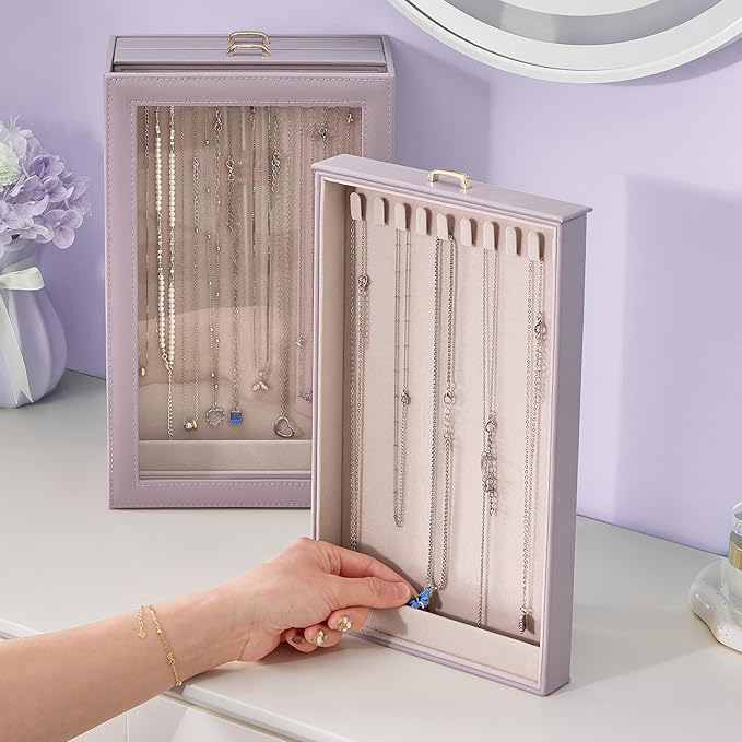 Lolalet Necklace Organizer Box, Jewelry Storage Box with Clear Window for Necklaces Bracelets, Tangle-Free Necklace Display C