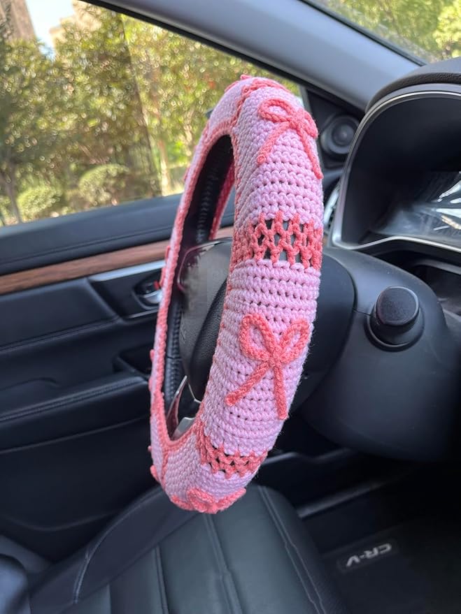 Handmade Crochet Pink Bow Car Steering Wheel Covers Universal 14-15 inch,Cute Steering Wheel Cover,Car Accessories (A,Steering Wheel Cover)