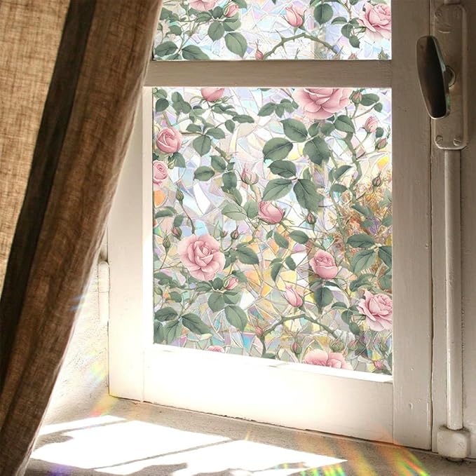 JOONOR Retro Pink Rose Flowers Window Privacy Film,3D Stained Glass Rose Rainbow Window Decals,Non-Adhesive Static Cling Sticker for Home Office,16.93 x 39.37 Inch