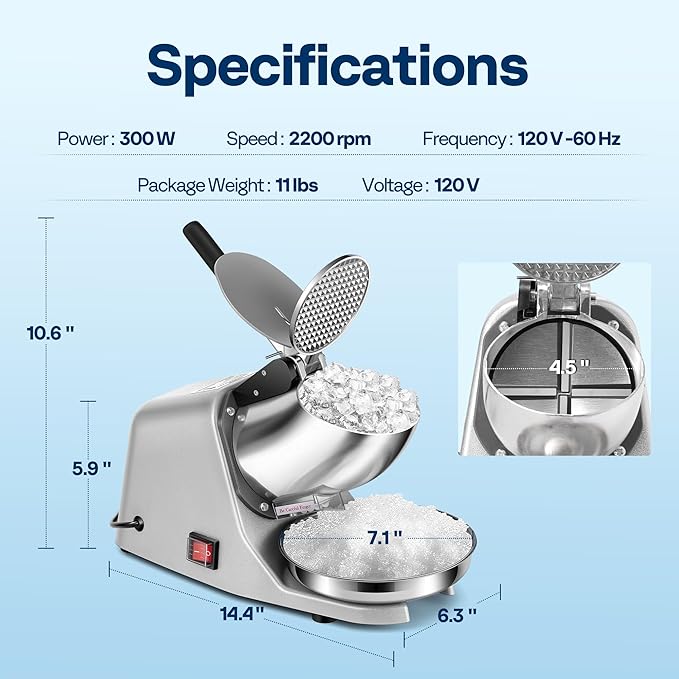 VIVOHOME Electric Ice Crusher Shaver 4 Blades Snow Cone Maker Machine Silver 210lbs/hr with Ice Pick for Home and Commercial Use