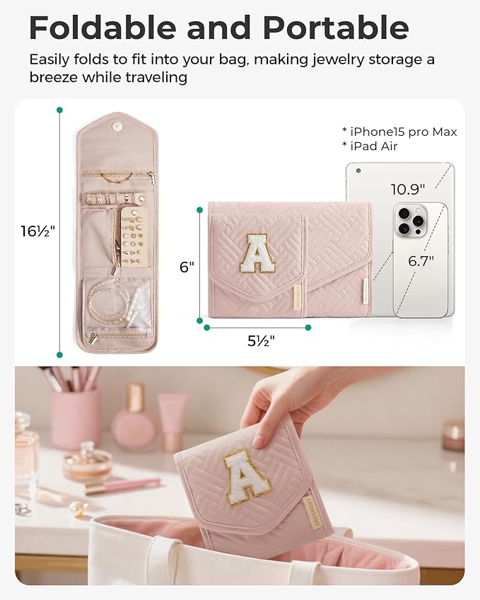 BAGSMART Travel Jewelry Organizer Case K Initial Foldable Jewelry Roll for Journey Rings, Necklaces, Earrings, Bracelets,Mini