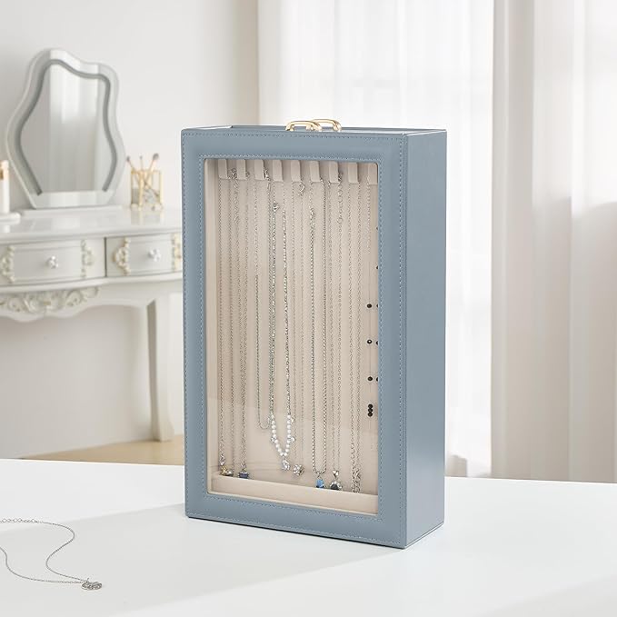 Lolalet Necklace Organizer Box, Jewelry Storage Box with Clear Window for Necklaces Bracelets, Tangle-Free Necklace Display C