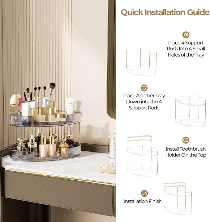 FELIZHOUSE 2-Tier Makeup Organizer for Vanity & Bathroom Countertop – Acrylic Storage Shelf with Perfume Tray & Makeup Brush 