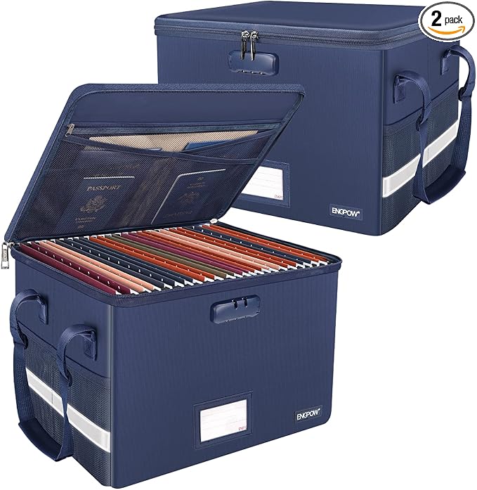 ENGPOW File Box with Lock, Fireproof Document Box with Pockets, Collapsible File Organizer Filing Storage Cabinet with Handle