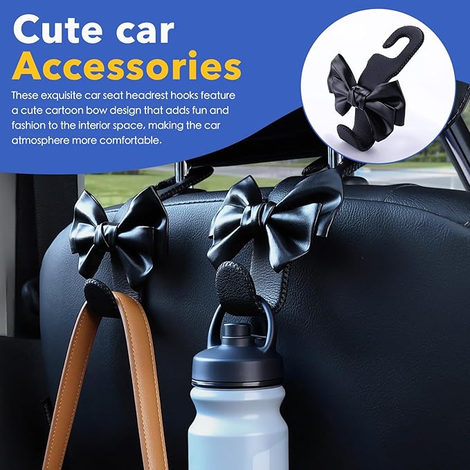 Car Seat Headrest Hooks, Leather Cute Bow Vehicle Hooks for Purses and Bags, Automotive Purse Hook Hanger Interior Decoration Accessories, Universal for SUV, Sedan, Truck (Black, 2 Pack)