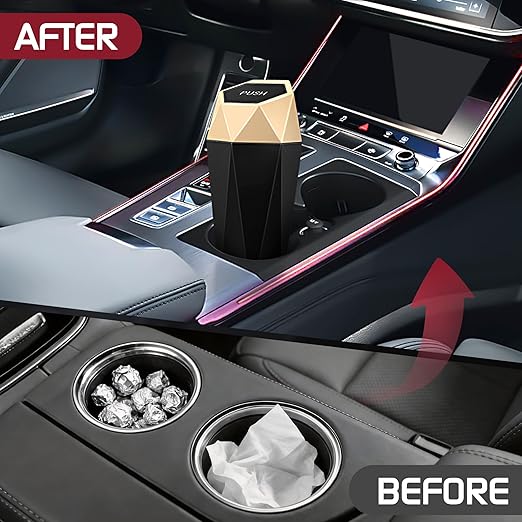 Car Trash Can with Lid, Mini Car Trash Cup with 30 Additional Trash Bags, Car Accessories for Interior, Leakproof Vehicle Garbage Bin for Car, Home, Office - 2 Packs, Gold