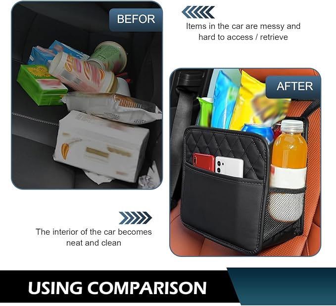 Car Seat Back Organizer, 10" x 10" Multifunctional Auto Backseat Hanging Storager with Side Pockets, Big Capacity Waterproof Wear-Resistant PU Leather Garbage Can for Most Cars (Black)