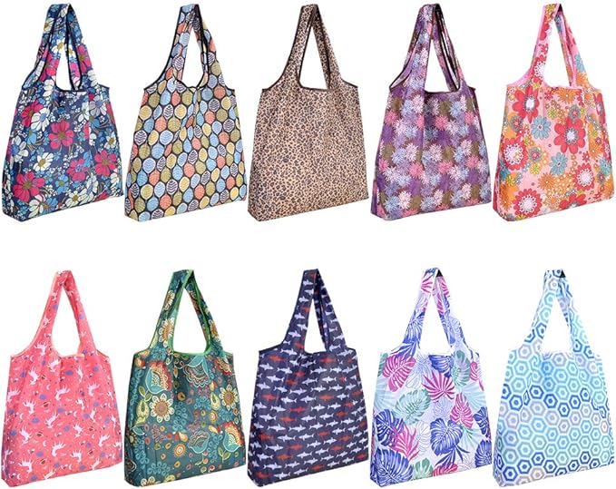 SZUAH Reusable Grocery Shopping Bags 10 Pack, Foldable Tote Bags with Attached Pouch, Machine Washable Nylon Shopping Totes for Groceries, Travel, Beach (40 lbs Capacity)