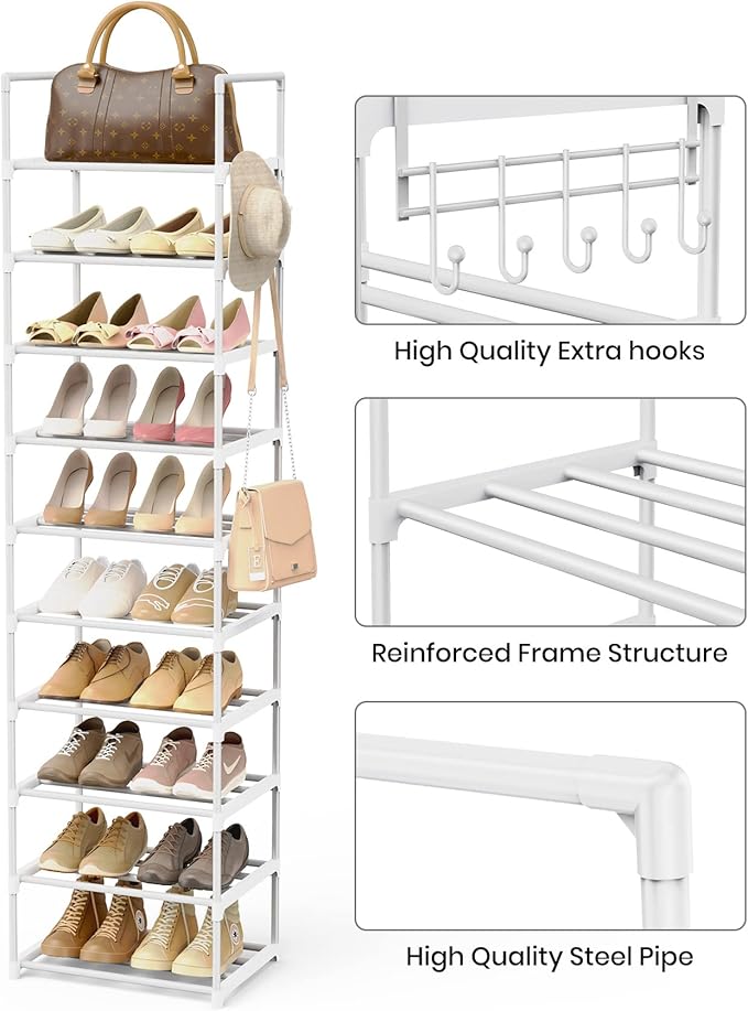 Metal Shoe Rack Organizer 10 Tiers, 20-24 Pairs Narrow Tall Shoe Racks for Closets Entryway - Vertical Boots Organizer Storag