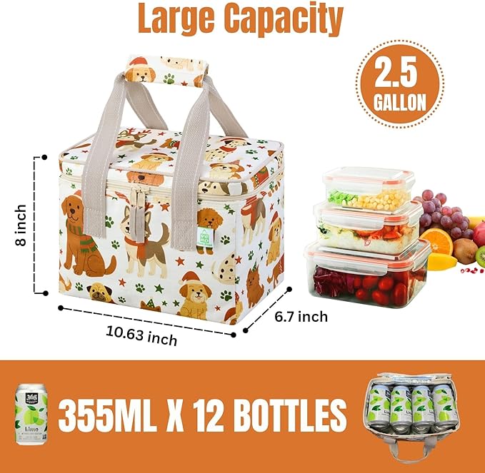 VENO 2 Pack Cooler Bag, Insulated Grocery Bags, Collapsible Cooler, Reusable Shopping Bags for Groceries, Water Resistant, Zippered, 2.5 Gallon (Holiday Pups)