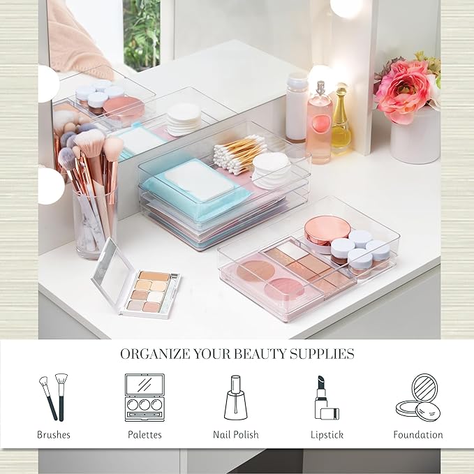STORi SimpleSort 3-Piece Stackable Clear Drawer Organizer Set | 9" x 6" x 2" Rectangle Trays | Wide Makeup Vanity Storage Bin