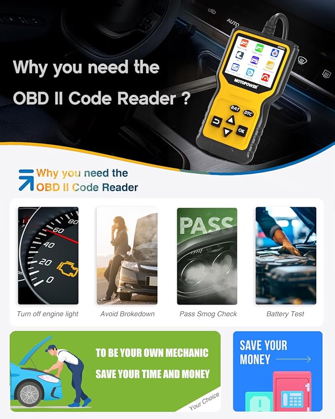MOTOPOWER MP69033 Pro OBD2 Scanner Code Reader Check Engine Fault Light Diagnostic Scan Tool with Battery Tester