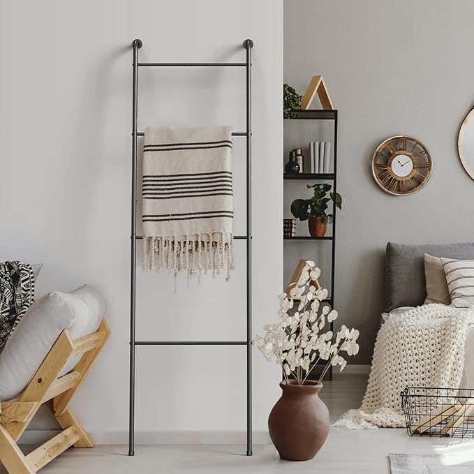 Blanket Ladder Decorative Towel Rack Holder for Bathroom, Wall Leaning Metal Drying Quilt Stand for Living Room Bedroom Farmh