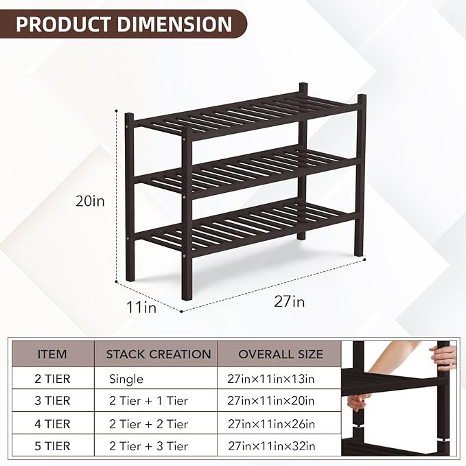 3 Tier Bamboo Shoe Rack Storage Organizer for Closet, Multifunctional Stackable Free Standing Shoe Shelf Organizer for Small 