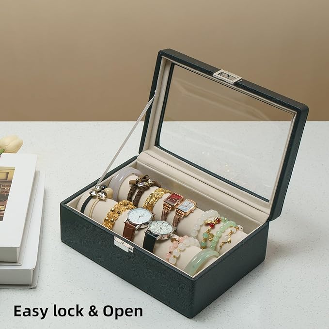 Bracelets Organizer Rods Bangles Display Holder, Clear See through Lid Leather Velvet Jewelry Storage Box Case for Women, 2 R