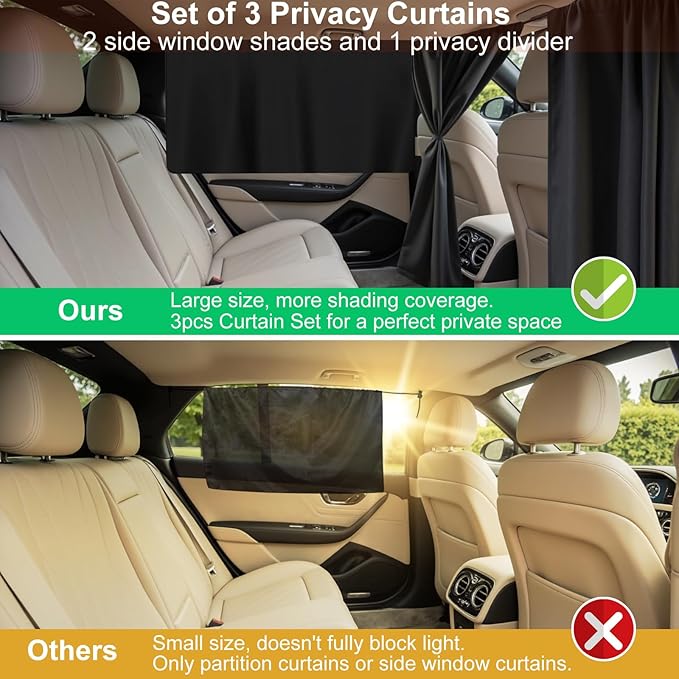 Set of 3 Car Window Shades, 1 Rear Seat Divider Curtain & 2 Rear Side Window Sun Shades, 95% Light Blocking Car Window Covers Privacy Protection Curtains for Breastfeeding,Taking a nap,Camping,