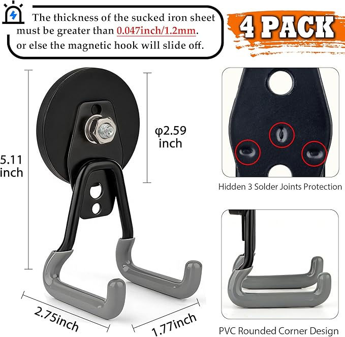ULIBERMAGNET Upgraded Heavy Duty Magnetic Hooks,4 Pack Strong Large Magnet Hook for Power Drill,Garden Tools,Hose,Pegboard,Ga