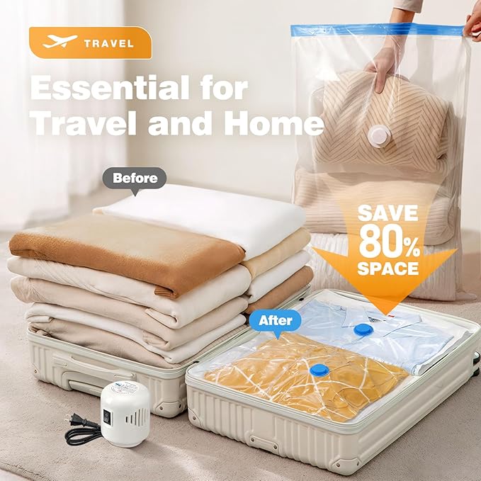 10 Pack Travel Vacuum Storage Bags With Electric Pump, Vacuum Seal Bags for Clothing, Vacuum Sealer Bags for Luggage, Travel 