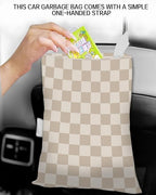 Car Trash Can, Durable Hanging Car Trash Garbage Bag, Cute Automotive Garbage Cans Organizer, Luxury Beige Checkerboard